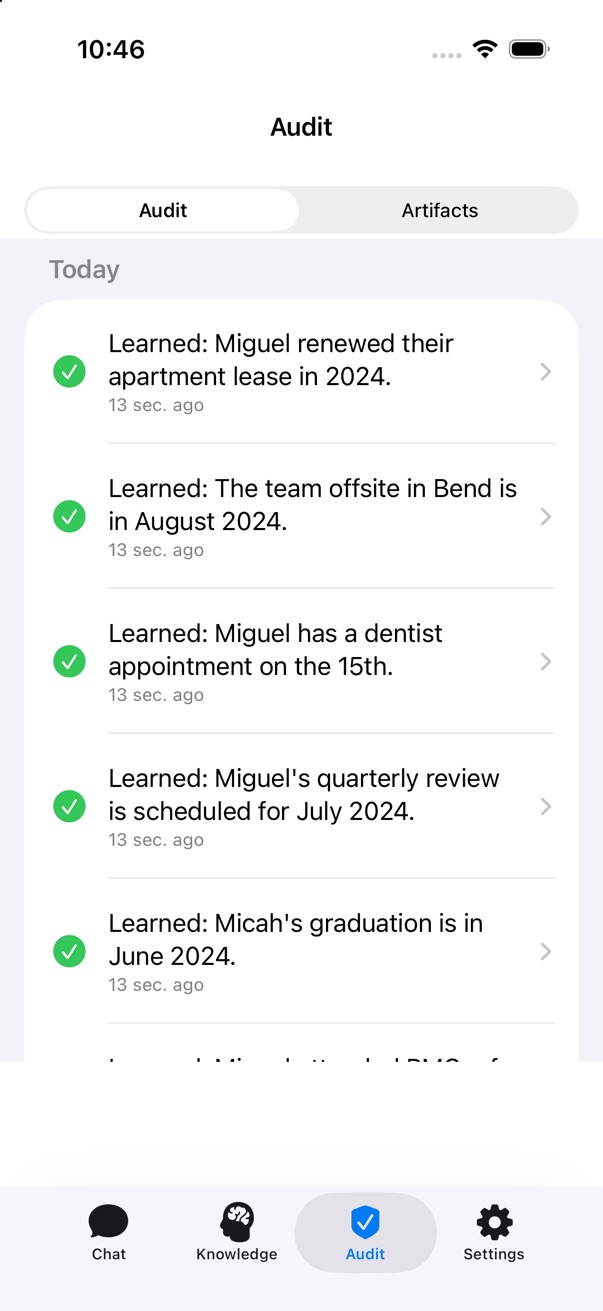 Meminia iOS audit view showing recorded memory events